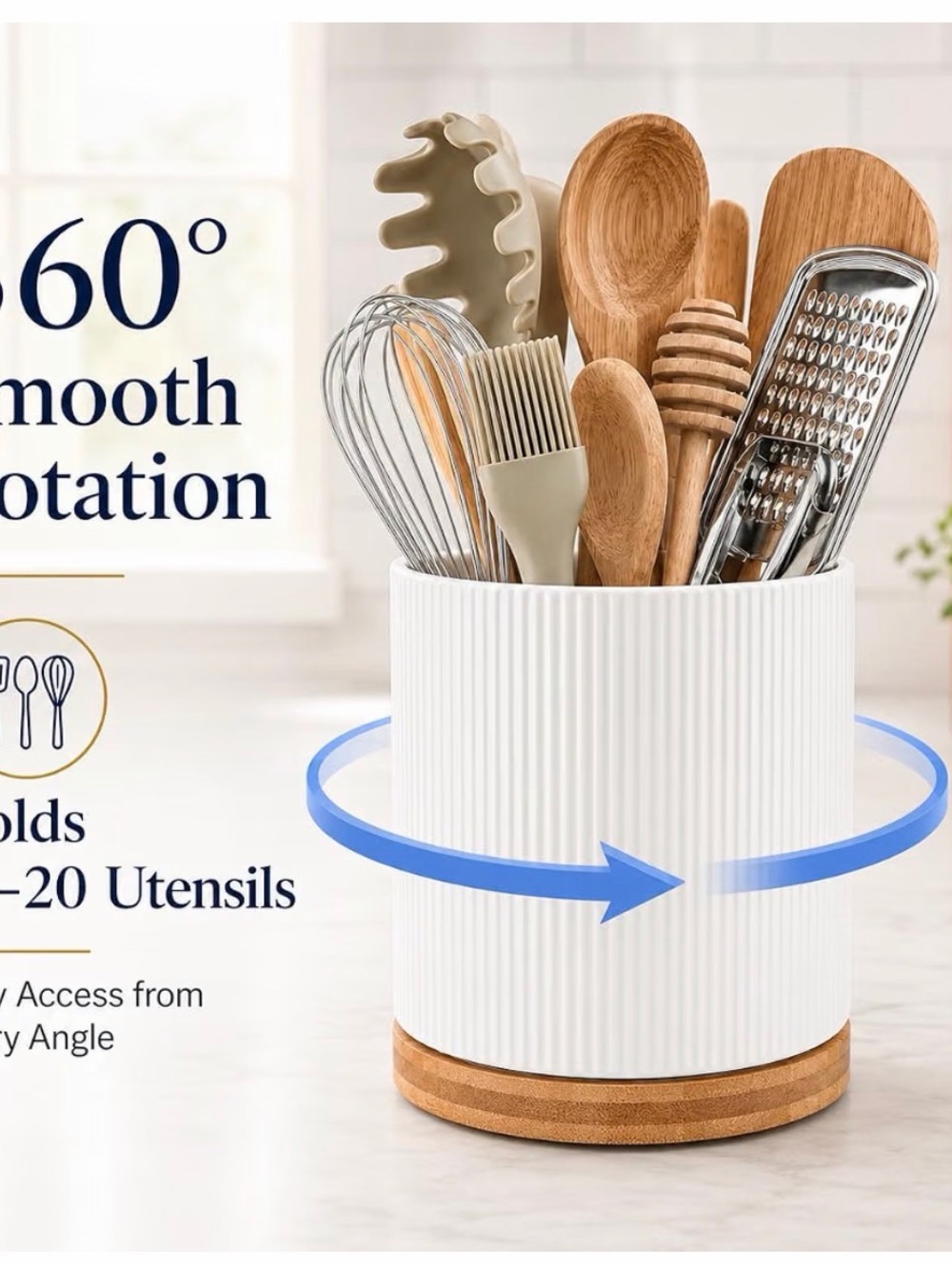 White Ribbed Ceramic Kitchen Utensils Holder 360 Rotation - Picture 5 of 5